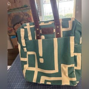 Maika Green and Cream Geometric Canvas Tote with Brown Handles